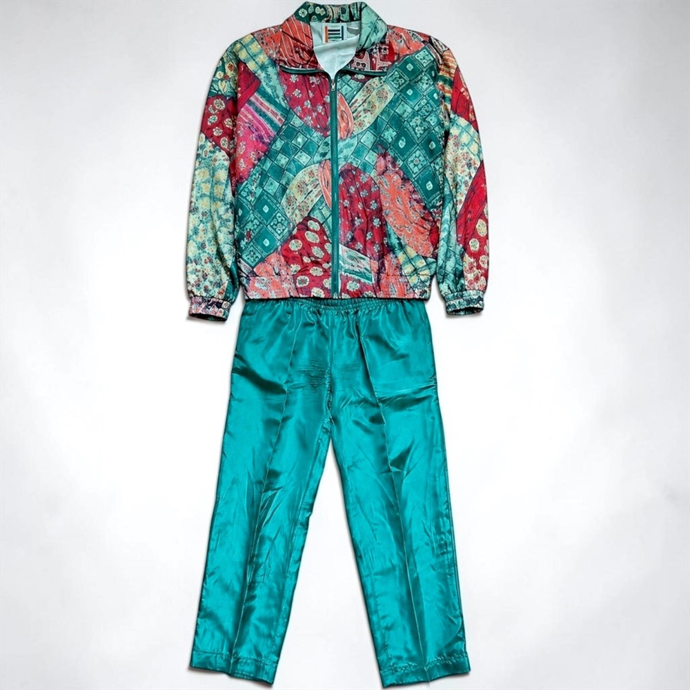 Vintage EVR Silk Track Suit Windbreaker Jacket Pants Set Jade Green Size M